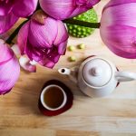 Teapot set with bouquet of lotus, healthy lifestyle