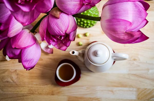 Teapot set with bouquet of lotus, healthy lifestyle