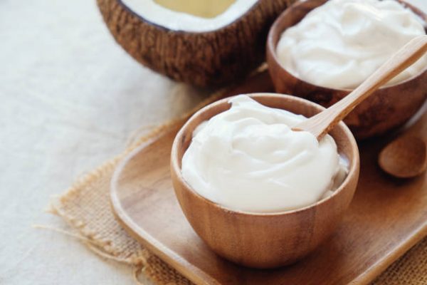 homemade organic coconut greek yogurt in wooden bowl